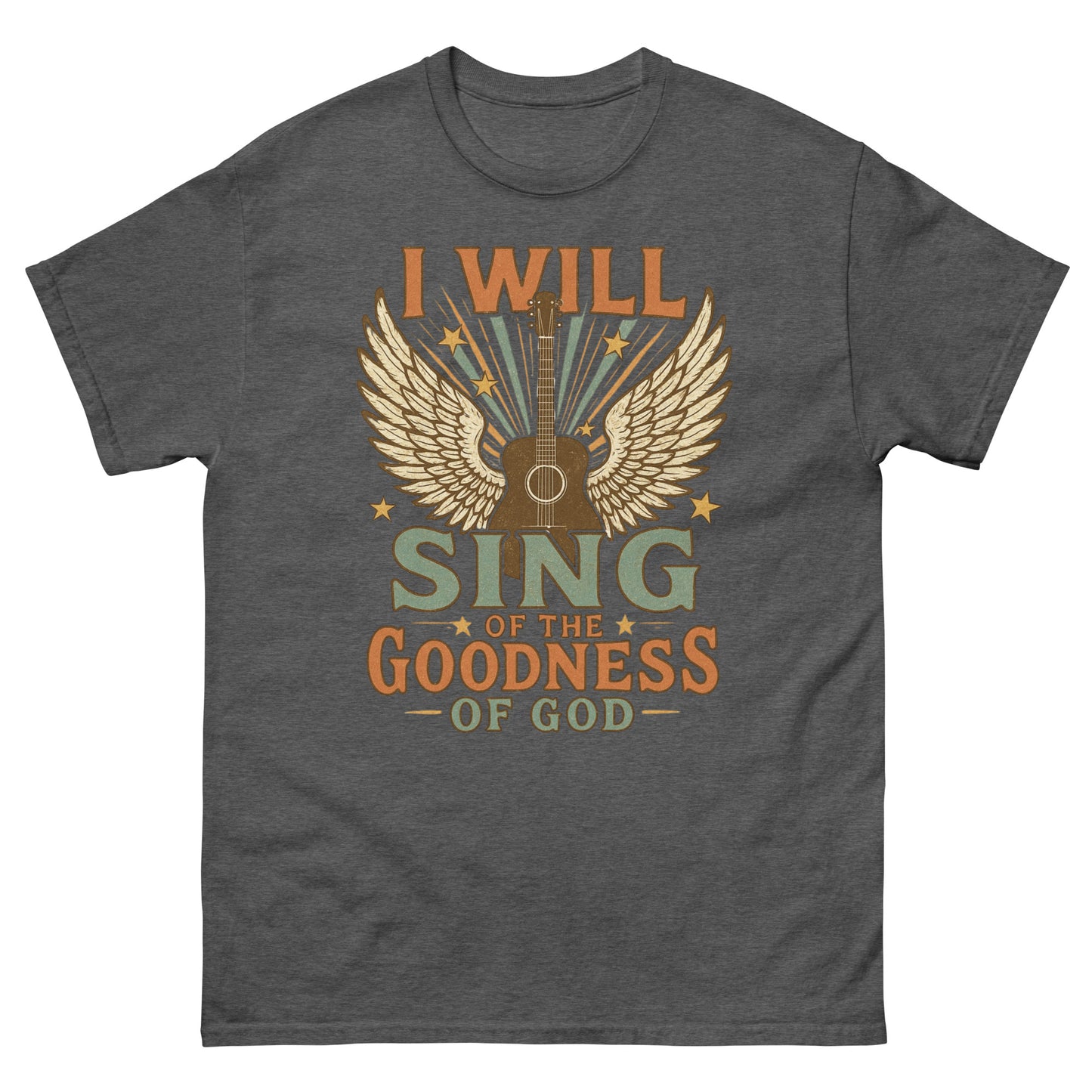 Women's t-shirt with a vintage-style graphic of a guitar with angel wings and stars. Text reads 'I Will Sing of the Goodness of God' in bold retro fonts. Front, Dark gray