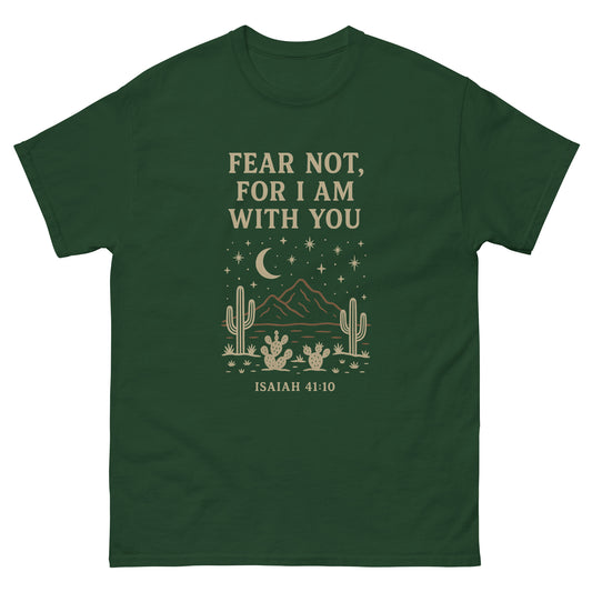 T-shirt with a desert-themed design featuring cacti, mountains, stars, and a crescent moon, with the Bible verse 'Fear not, for I am with you – Isaiah 41:10' printed in tan lettering, front, green