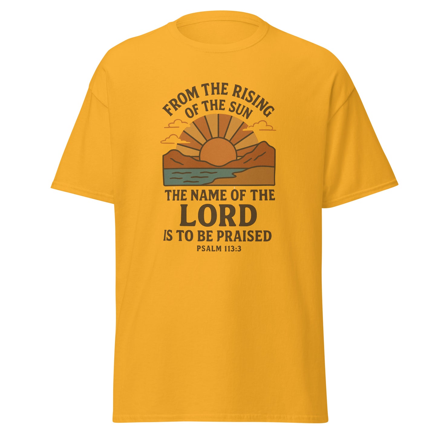 “Rising Sun Boho Women’s T-shirt” featuring Psalm 113:3, with a vintage sunrise and mountain design, symbolizing faith and praise, gold, front
