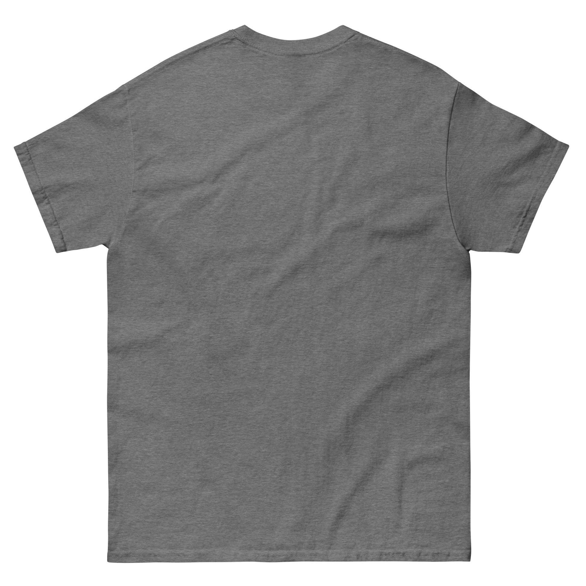 T-shirt with a distressed orange sun graphic radiating white rays, above bold text that reads: "YOUR NAME IS POWER." Empty Back, Graphite Heather