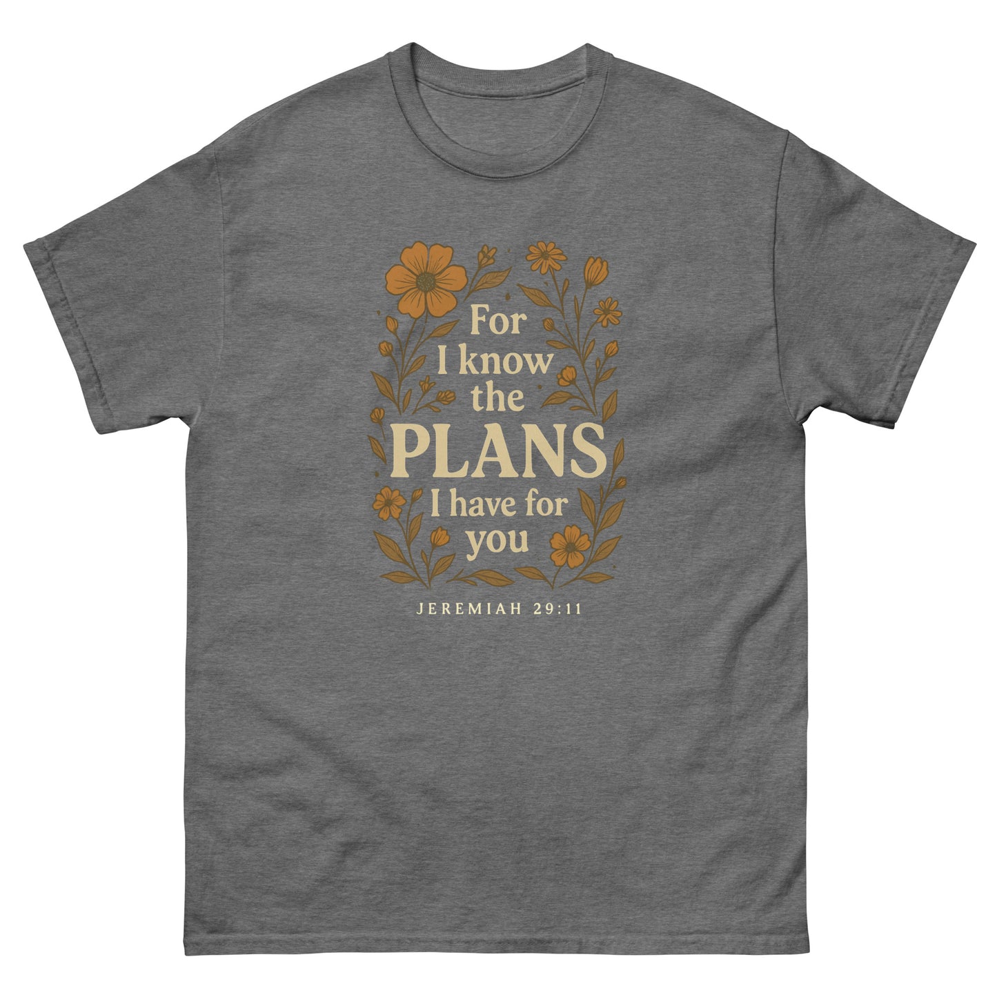 "For I Know the Plans" t-shirt featuring Jeremiah 29:11 scripture surrounded by a vibrant floral design, symbolizing God's plans and promises for us, front, gray