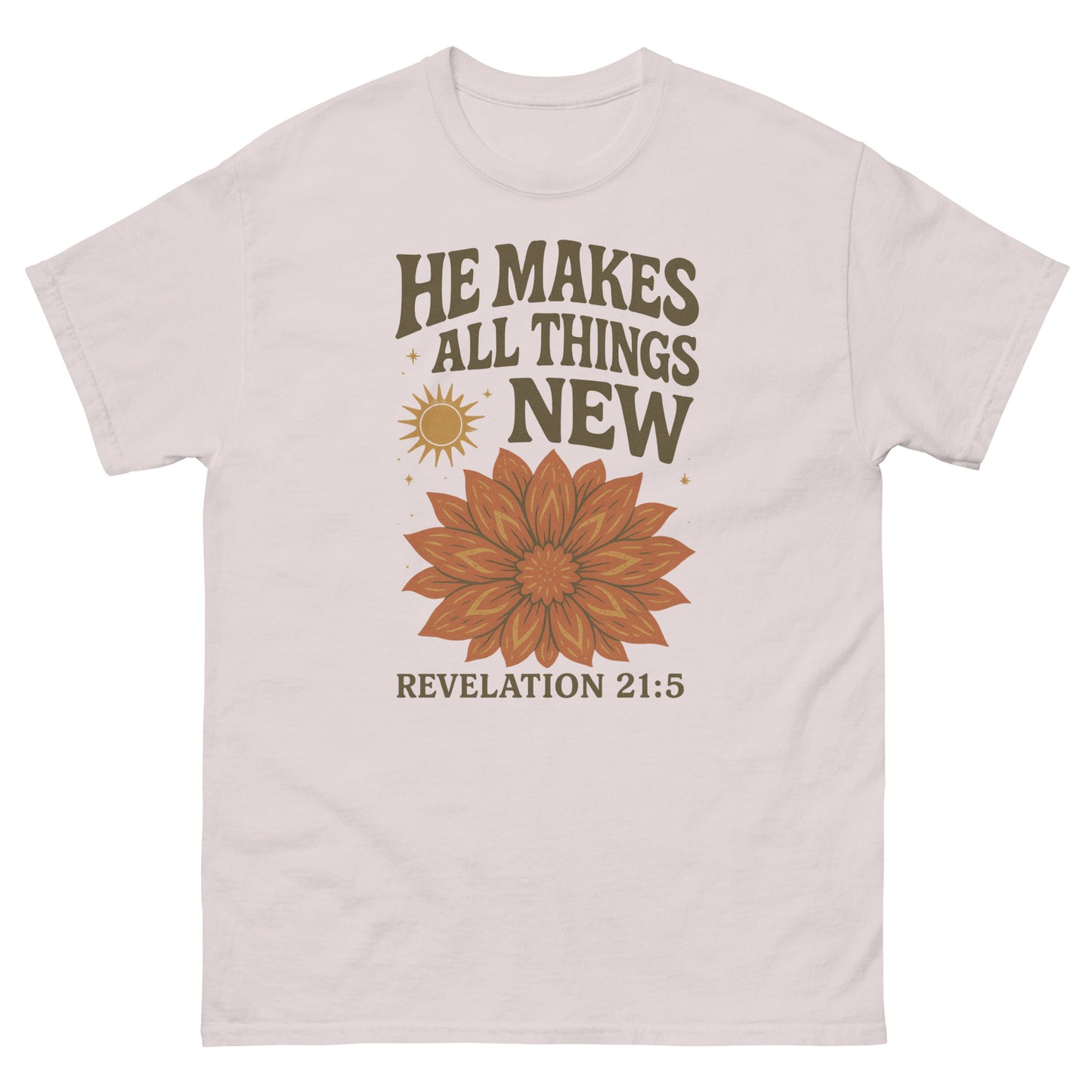 "He Makes All Things New" t-shirt featuring Revelation 21:5 with a vibrant floral design and sunburst, symbolizing new beginnings and God's renewing power, front, ice gray
