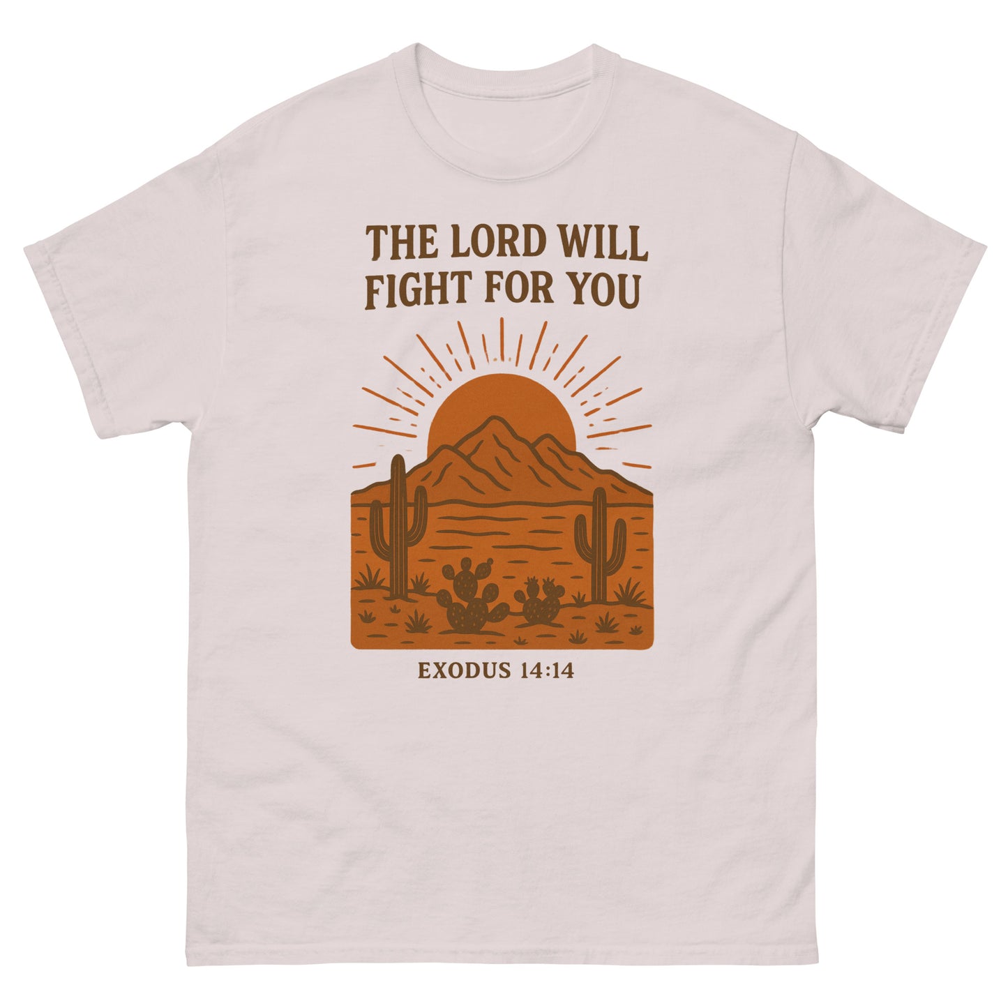T-shirt featuring a desert landscape graphic with cacti, a sun rising behind a mountain, and the Bible verse “THE LORD WILL FIGHT FOR YOU – EXODUS 14:14” printed in bold brown lettering. Ice Gray, Front