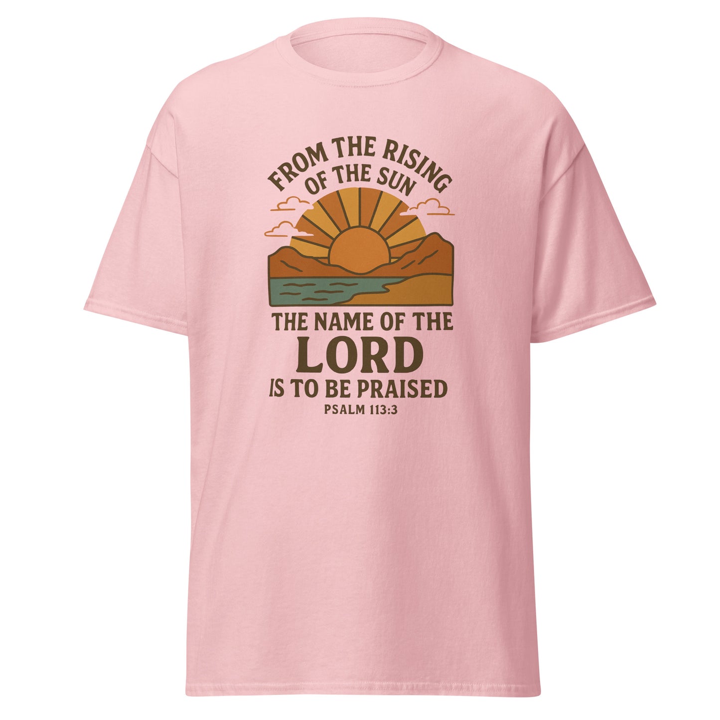 “Rising Sun Boho Women’s T-shirt” featuring Psalm 113:3, with a vintage sunrise and mountain design, symbolizing faith and praise, pink, front