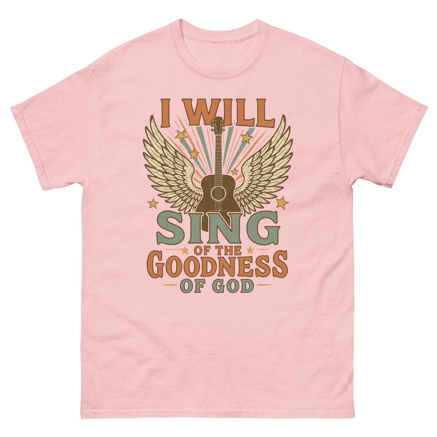 Women's t-shirt with a vintage-style graphic of a guitar with angel wings and stars. Text reads 'I Will Sing of the Goodness of God' in bold retro fonts. Front, Light Pink