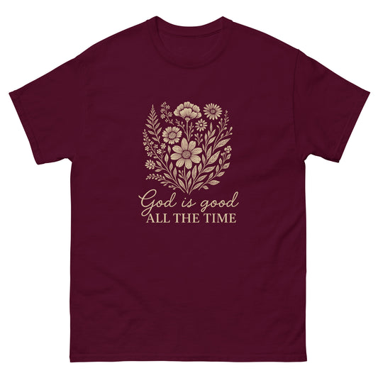 "God is Good All the Time" t-shirt featuring a floral design with the uplifting message, symbolizing God’s constant goodness and faithfulness. front, maroon