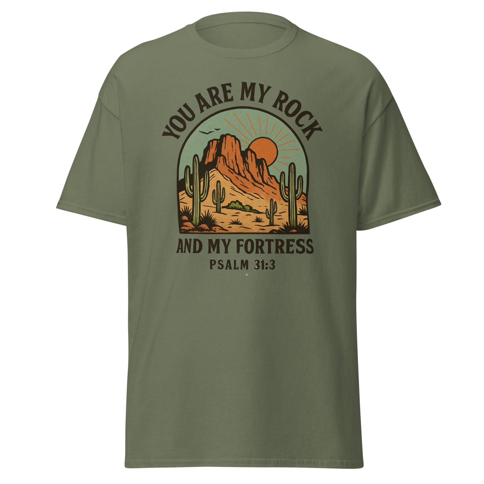 “You Are My Rock and My Fortress” women’s t-shirt featuring Psalm 31:3 with a vintage desert landscape design, symbolizing God's protection and strength, front, military green