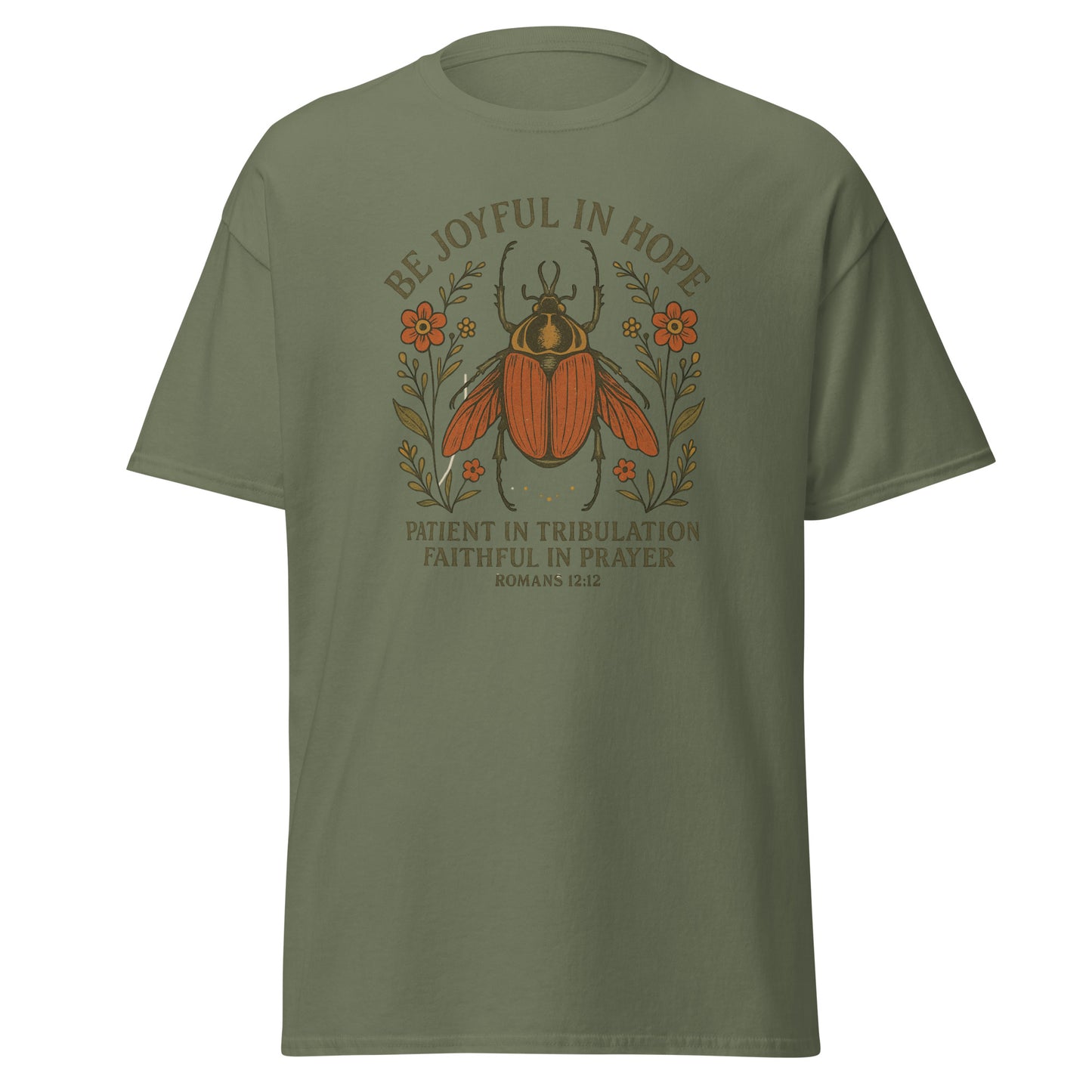 Joyful Bug Boho Women's T-shirt featuring Romans 12:12 with a whimsical beetle and floral design, symbolizing joy, patience, and faith, military green, front
