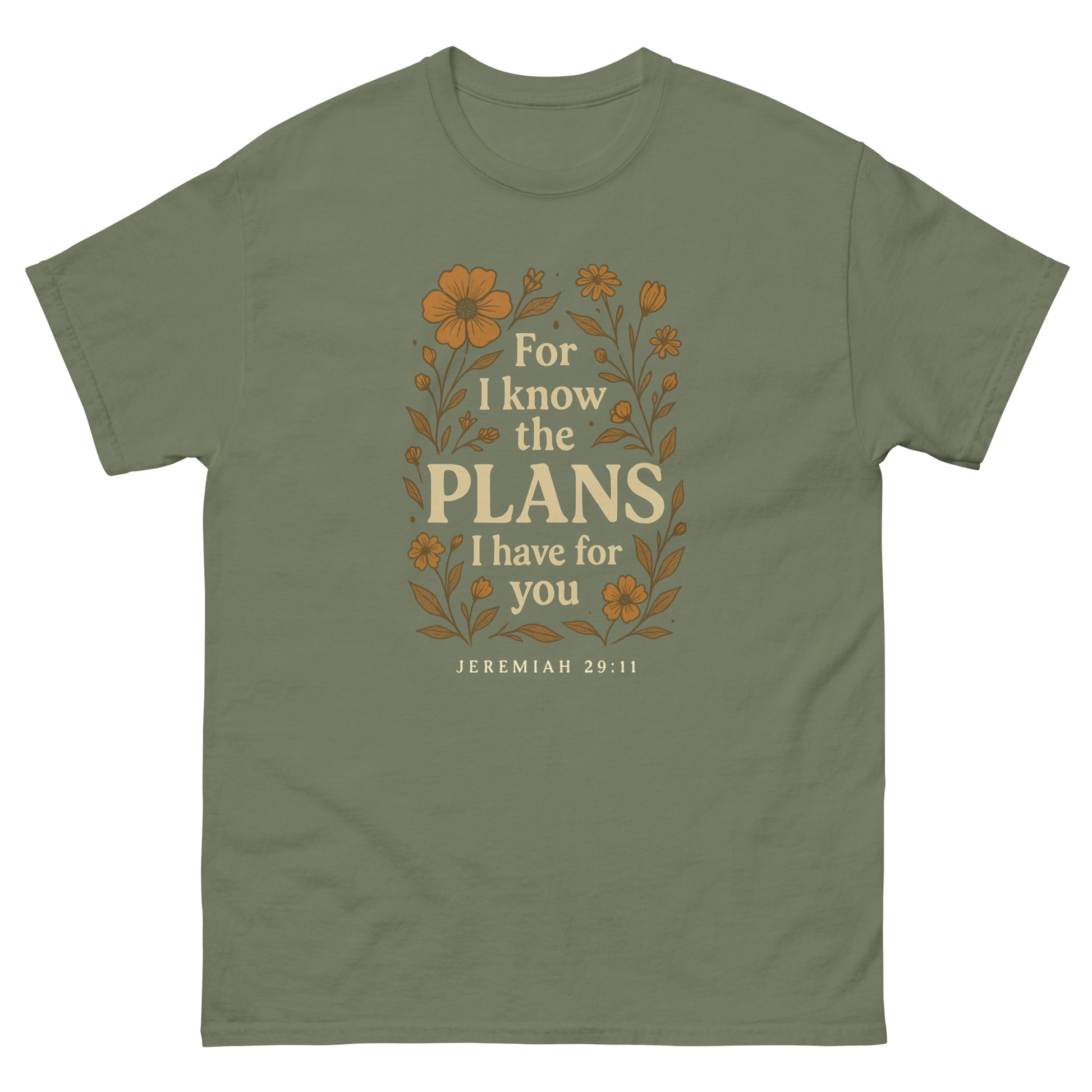 "For I Know the Plans" t-shirt featuring Jeremiah 29:11 scripture surrounded by a vibrant floral design, symbolizing God's plans and promises for us. Front, green
