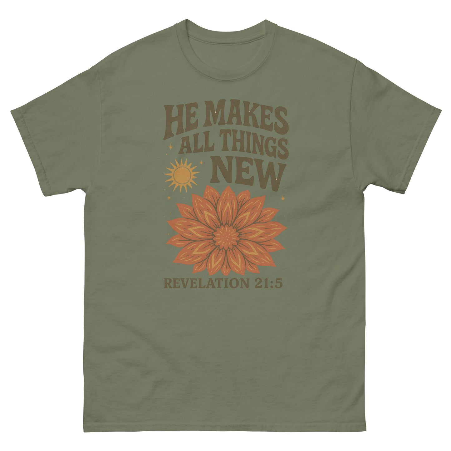 "He Makes All Things New" t-shirt featuring Revelation 21:5 with a vibrant floral design and sunburst, symbolizing new beginnings and God's renewing power, green, front
