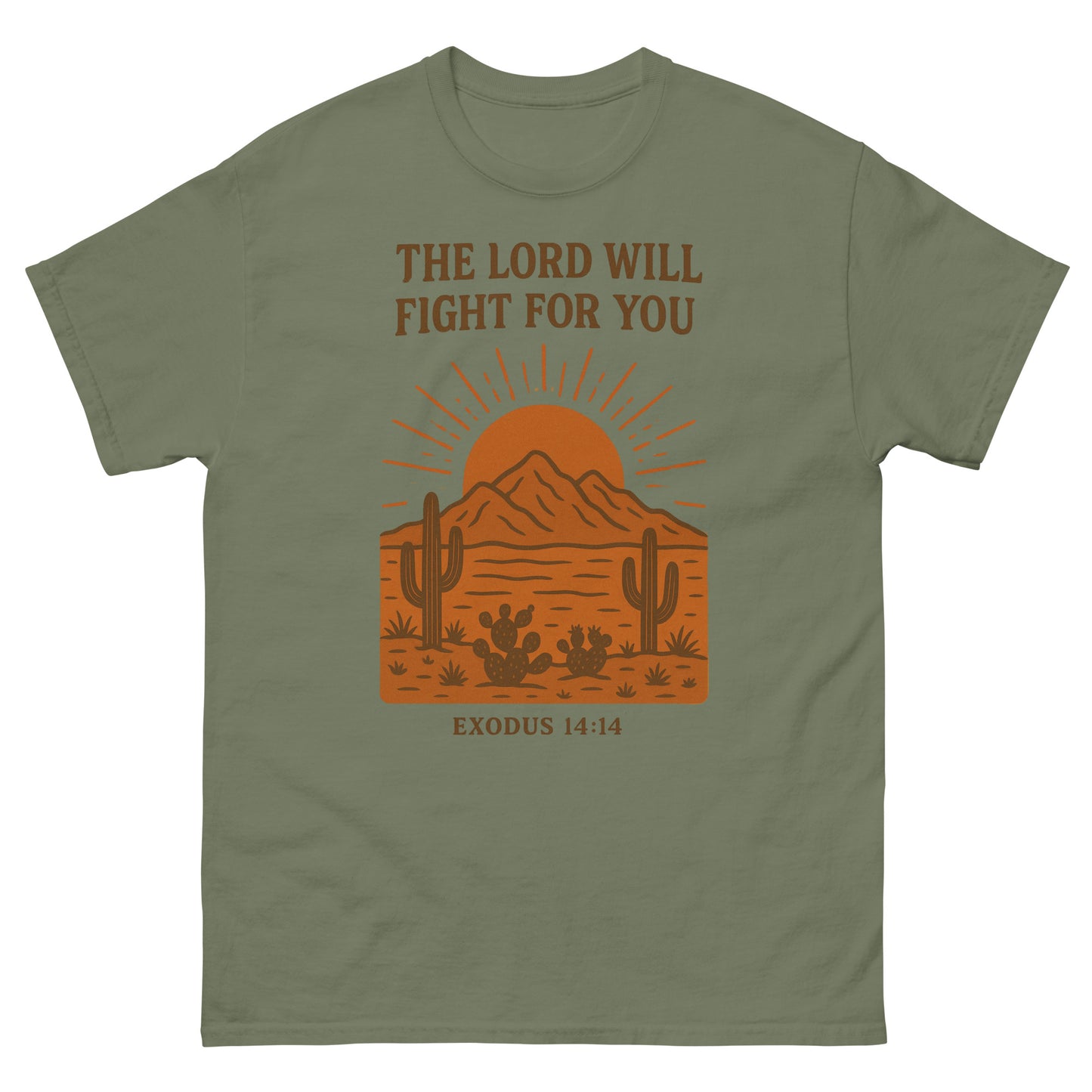 T-shirt featuring a desert landscape graphic with cacti, a sun rising behind a mountain, and the Bible verse “THE LORD WILL FIGHT FOR YOU – EXODUS 14:14” printed in bold brown lettering. Green, Front