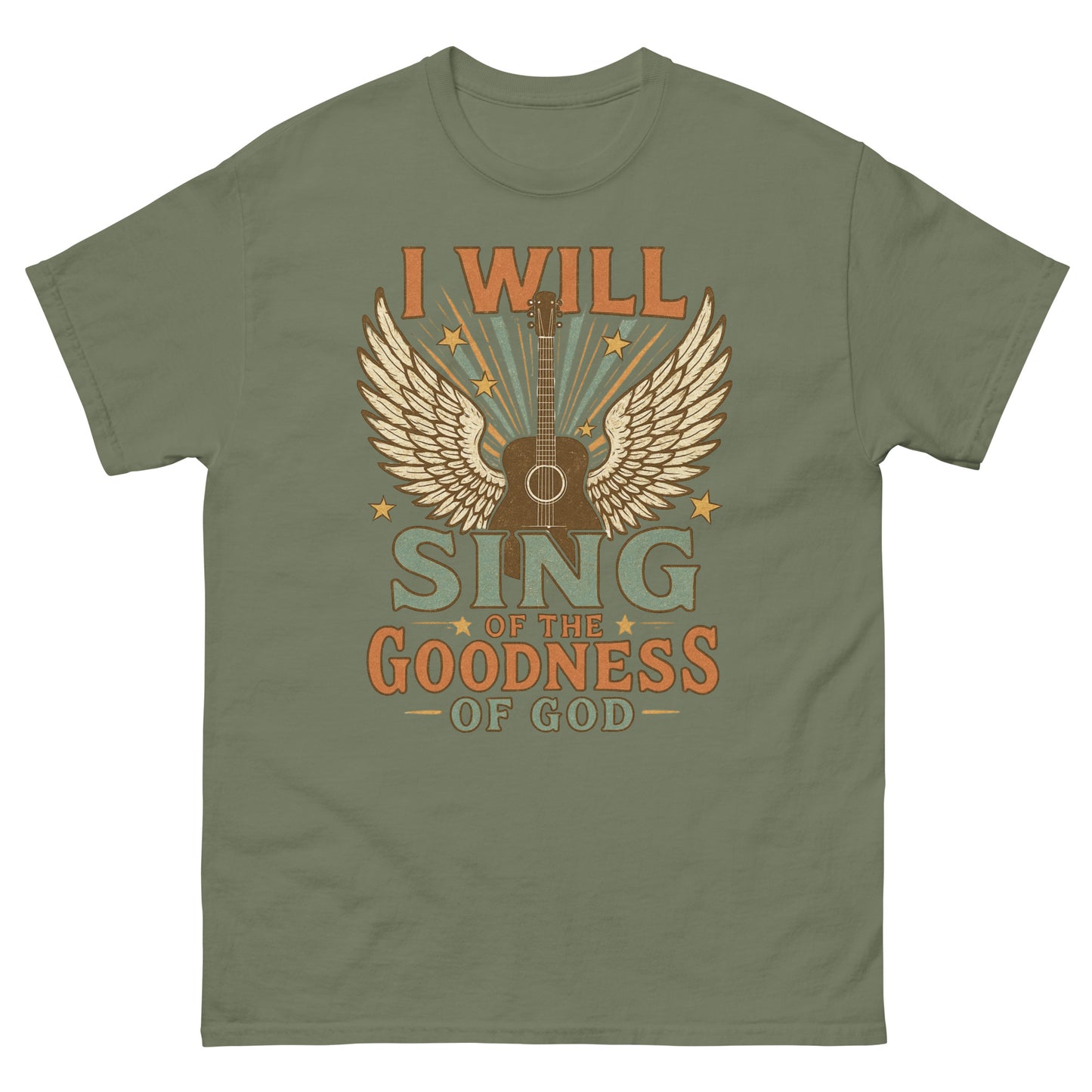 Women's t-shirt with a vintage-style graphic of a guitar with angel wings and stars. Text reads 'I Will Sing of the Goodness of God' in bold retro fonts. Front, green