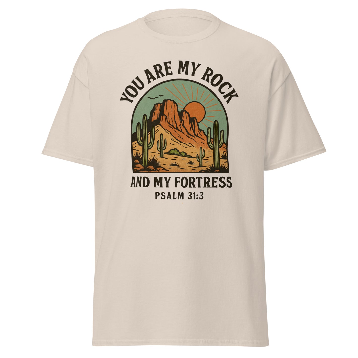 “You Are My Rock and My Fortress” women’s t-shirt featuring Psalm 31:3 with a vintage desert landscape design, symbolizing God's protection and strength, front, natural color