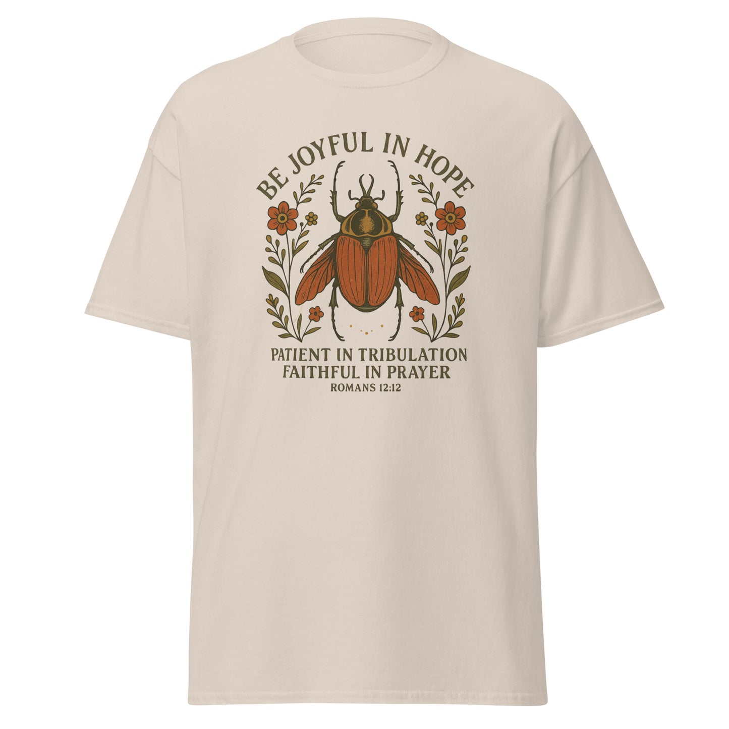 Joyful Bug Boho Women's T-shirt featuring Romans 12:12 with a whimsical beetle and floral design, symbolizing joy, patience, and faith, natural color, front