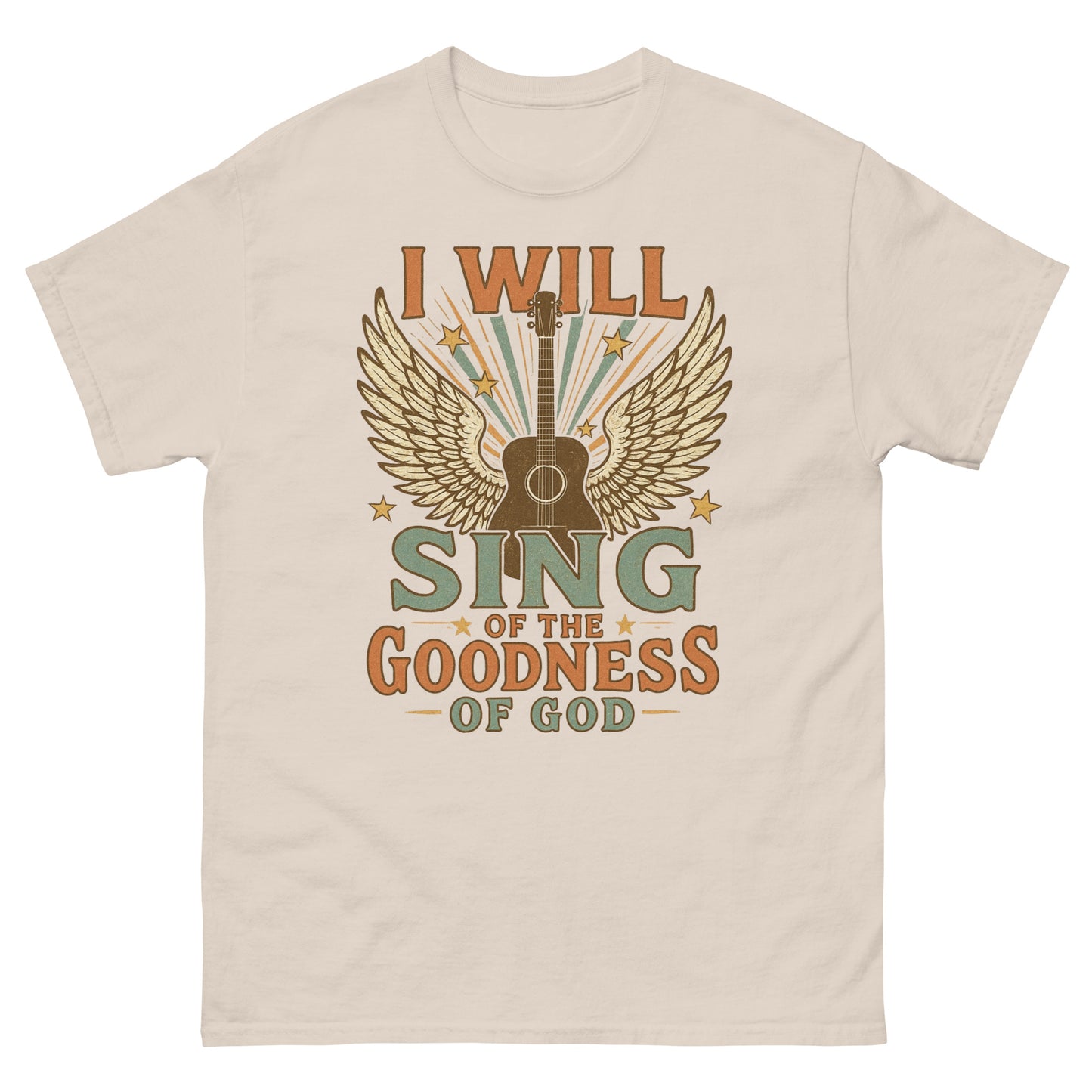 Women's t-shirt with a vintage-style graphic of a guitar with angel wings and stars. Text reads 'I Will Sing of the Goodness of God' in bold retro fonts. Front, Natural color