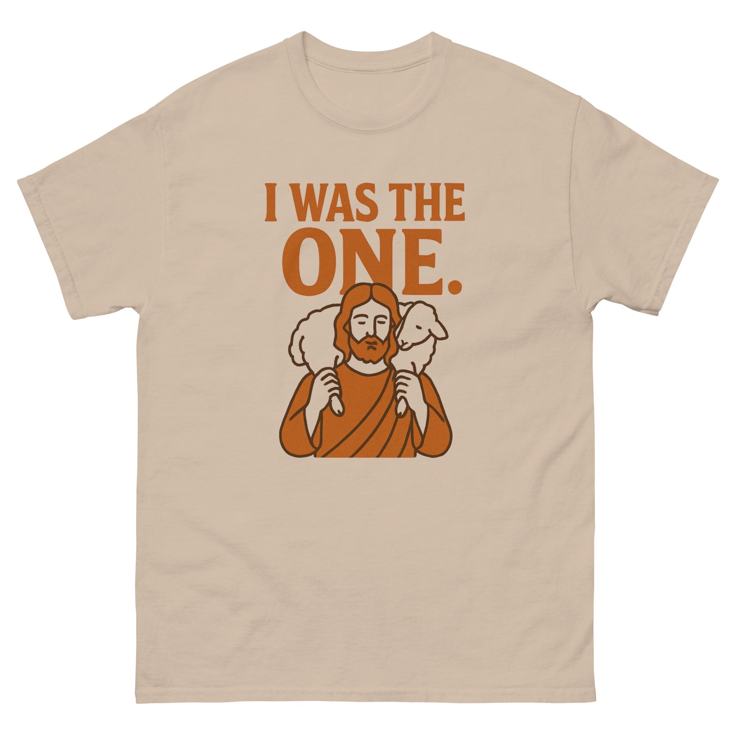 RPS, Jesus carrying a lamb over his shoulders, Title I was The One, Orange print, front side, sand color