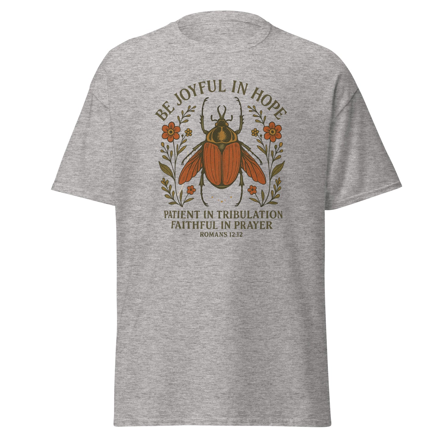 Joyful Bug Boho Women's T-shirt featuring Romans 12:12 with a whimsical beetle and floral design, symbolizing joy, patience, and faith, ash color, front