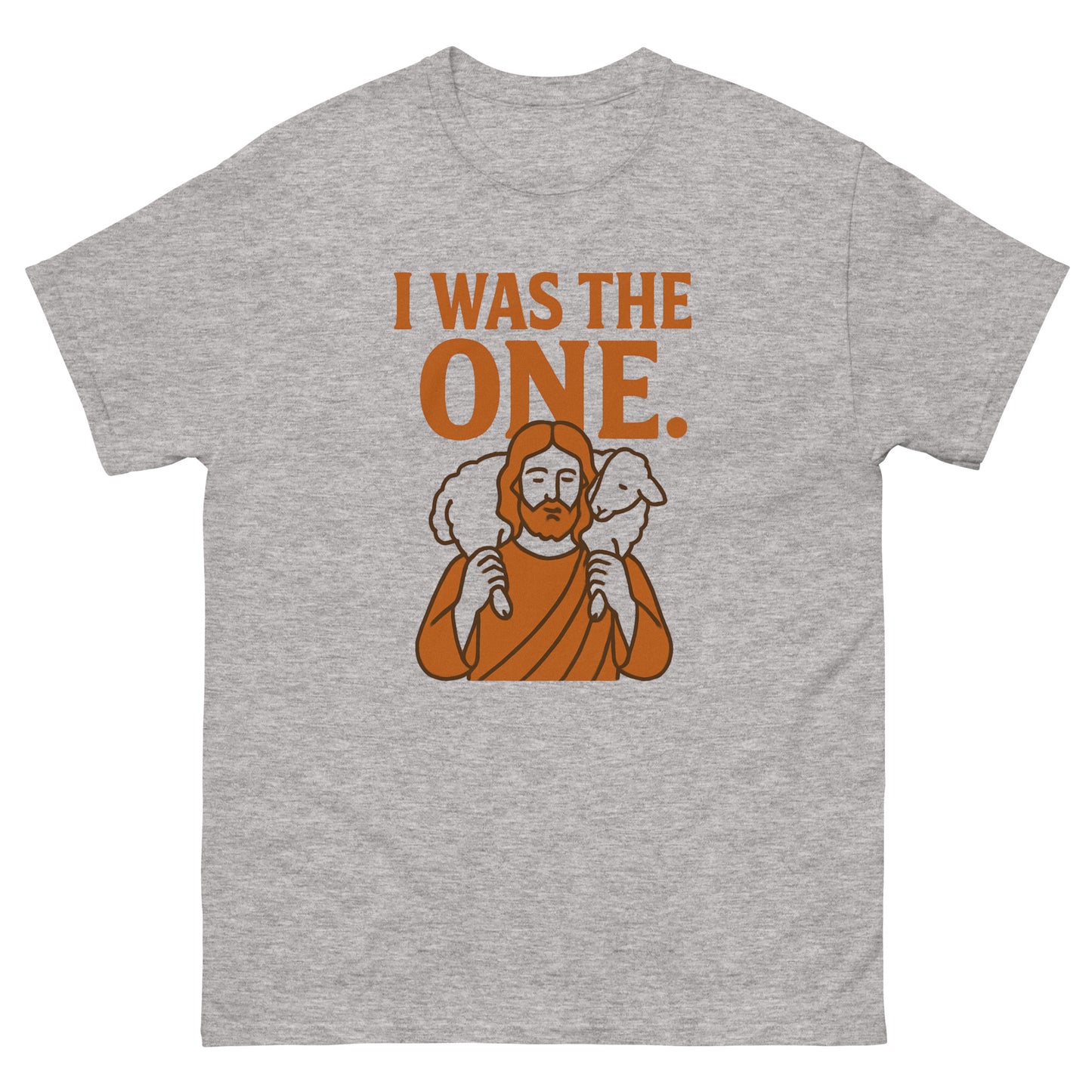 RPS, Jesus carrying a lamb over his shoulders, Title I was The One, Orange print, front side, gray color