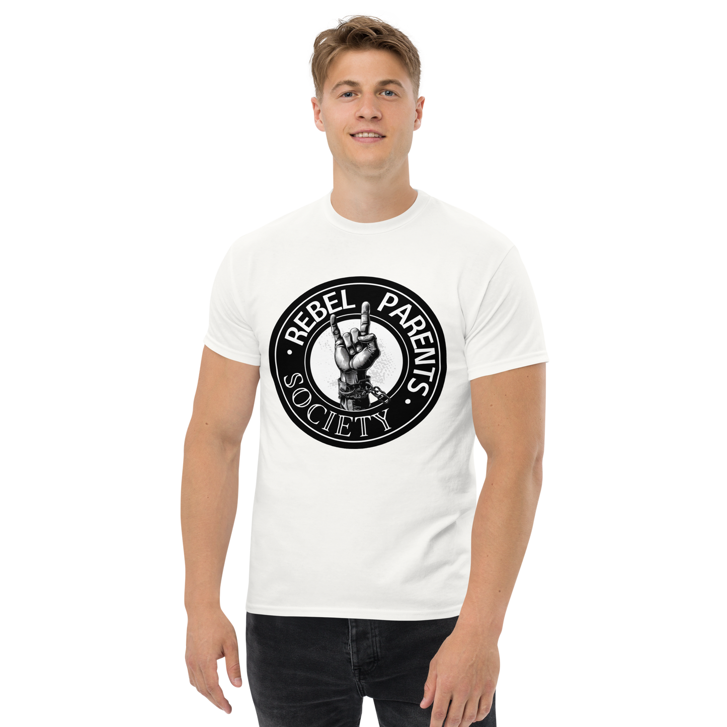 Rebel Parent Society Men's RPS Logo T-Shirt, White, Front Side, Male Model