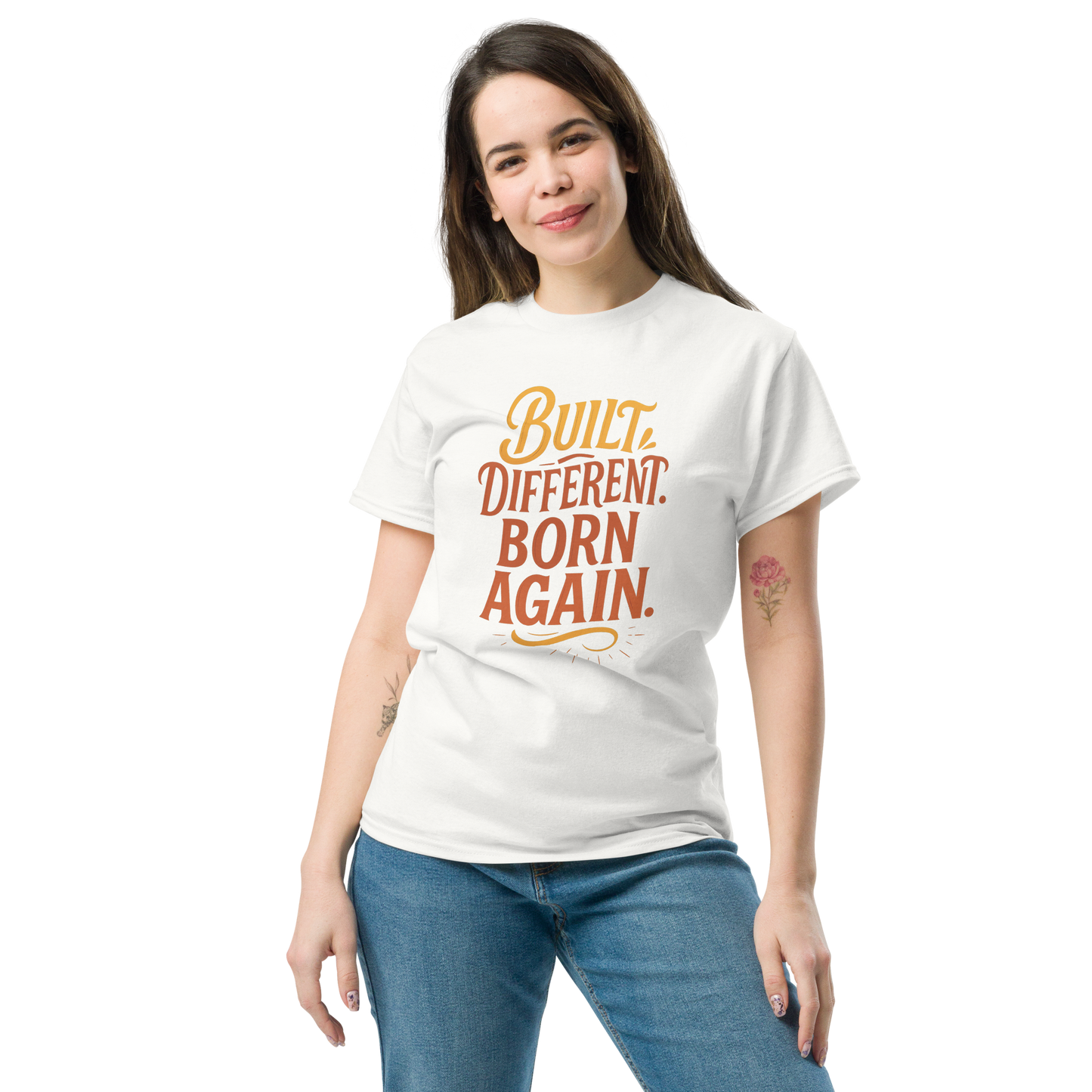 'Built Different. Born Again' Women's shirt,  RPS, Front, White, Female Model