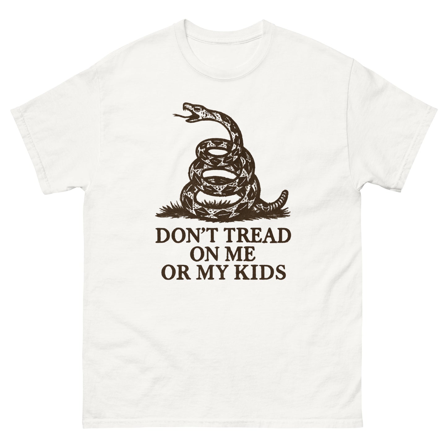 T-shirt with a coiled rattlesnake graphic above the bold text 'Don't Tread on Me or My Kids' in dark brown lettering. Front, White