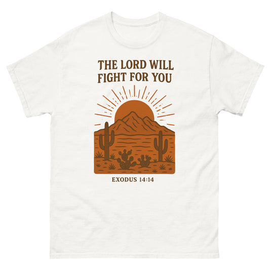 T-shirt featuring a desert landscape graphic with cacti, a sun rising behind a mountain, and the Bible verse “THE LORD WILL FIGHT FOR YOU – EXODUS 14:14” printed in bold brown lettering. White, Front