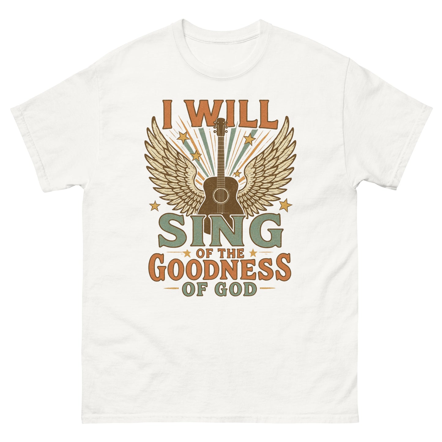 Women's t-shirt with a vintage-style graphic of a guitar with angel wings and stars. Text reads 'I Will Sing of the Goodness of God' in bold retro fonts. Front, White