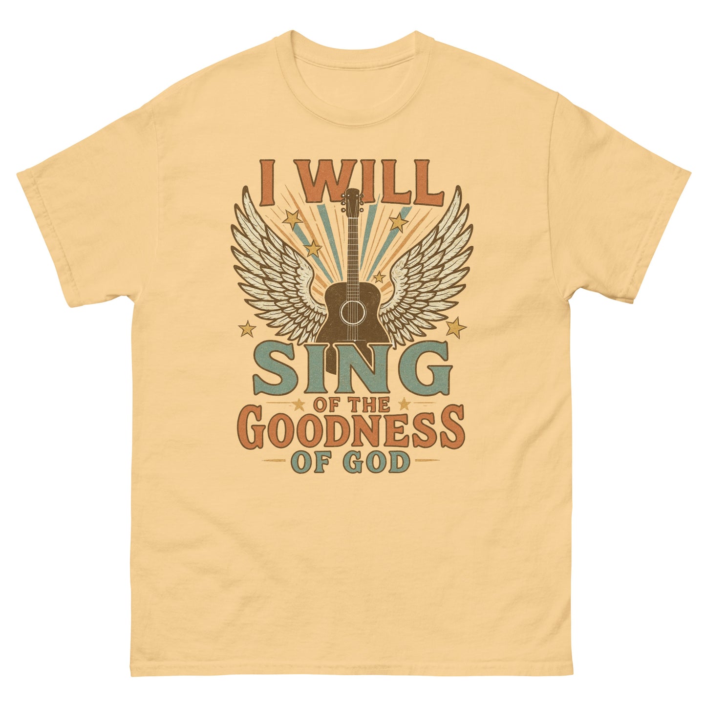 Women's t-shirt with a vintage-style graphic of a guitar with angel wings and stars. Text reads 'I Will Sing of the Goodness of God' in bold retro fonts. Front, Yellow Haze