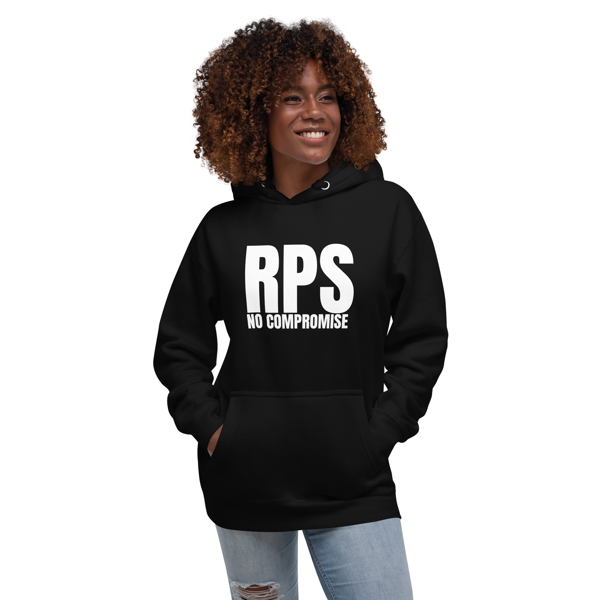 Rebel Parent Society RPS No Compromse Hoodie, Black, Front Side, Female Model