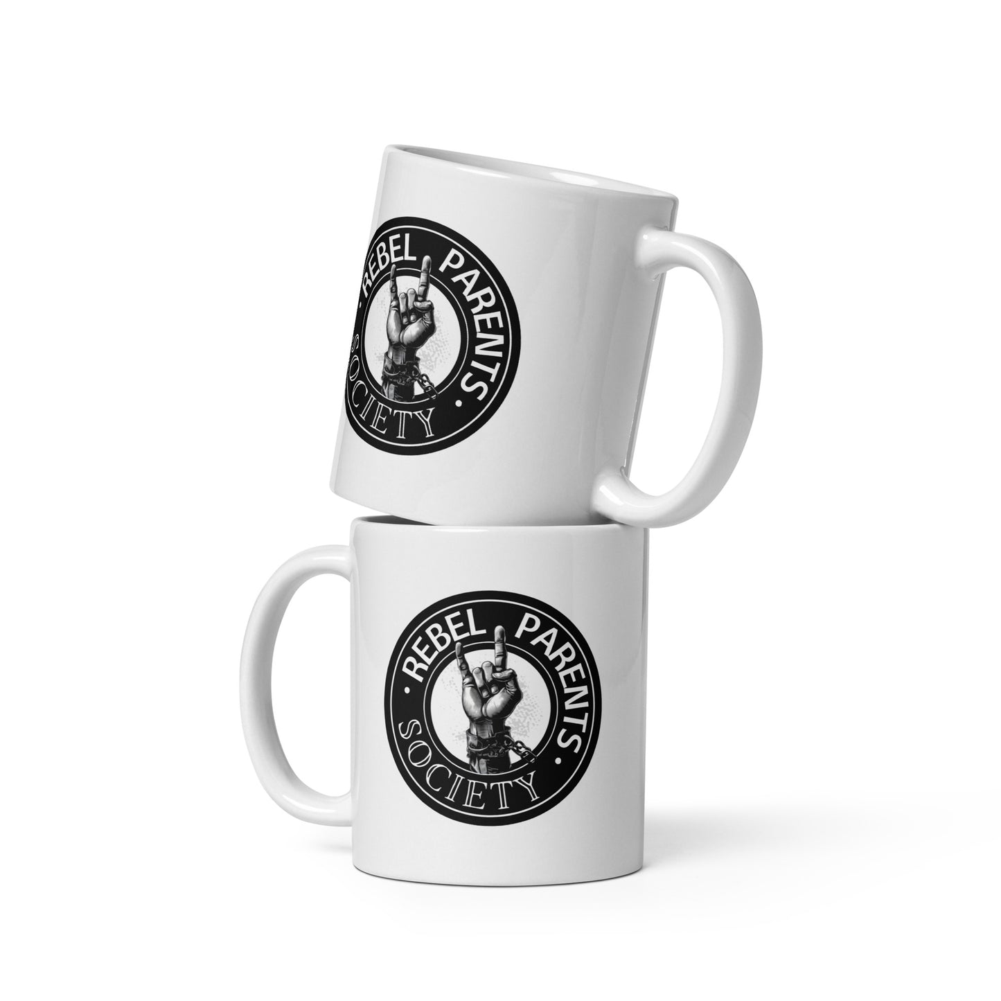 Rebel Parent Society RPS Logo Glossy Mug, White, Front Side, Two Cups