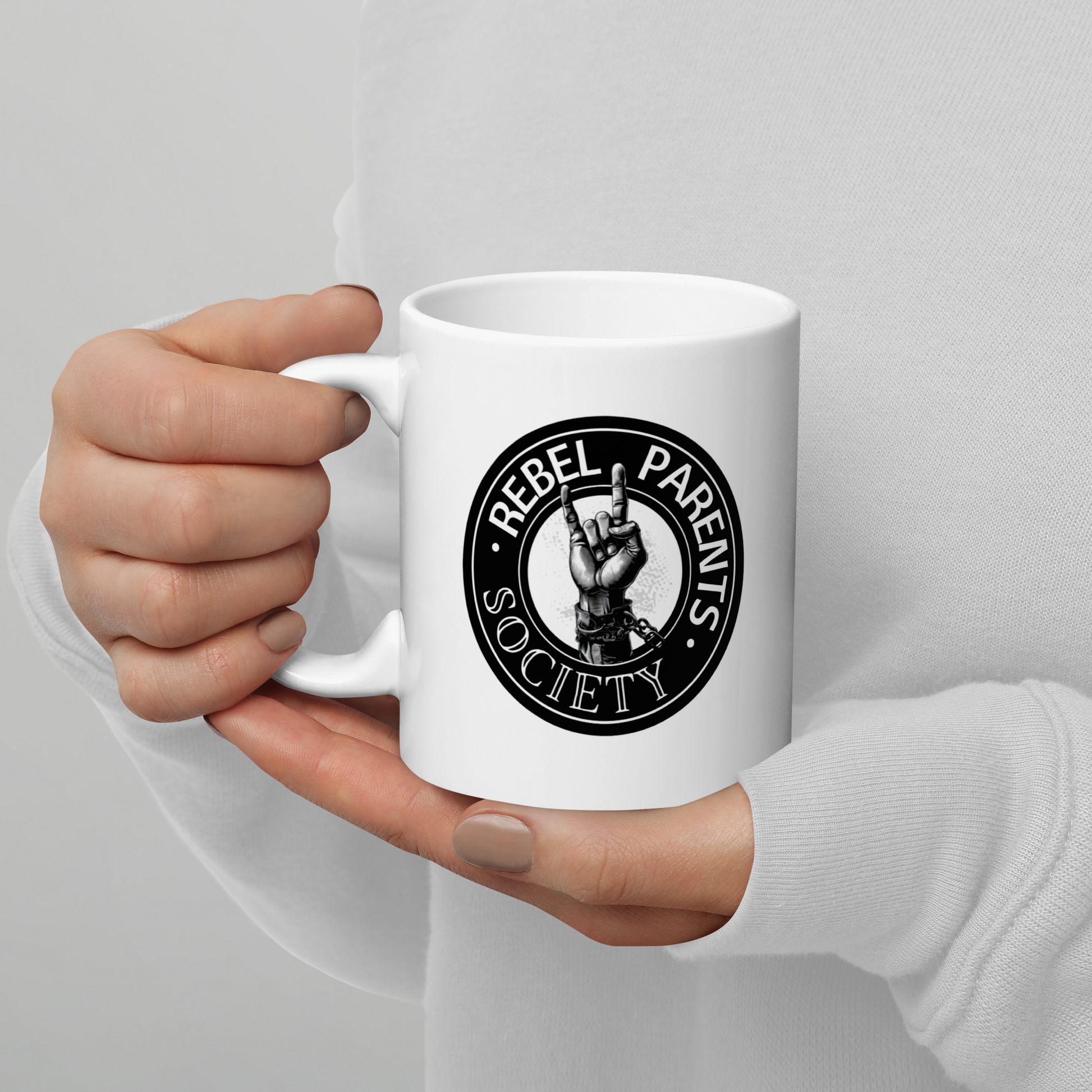 Rebel Parent Society RPS Logo Glossy Mug, White, Front Side, Hand Model