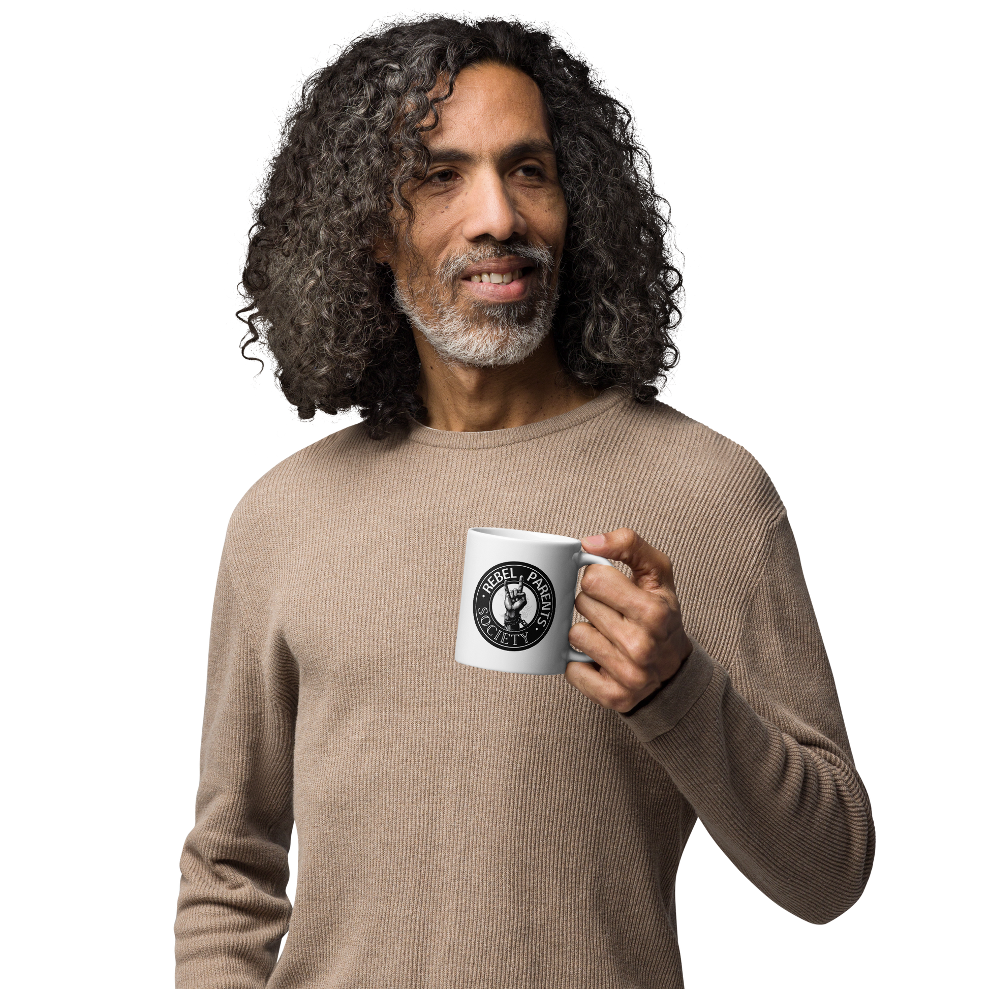 Rebel Parent Society RPS Logo Glossy Mug, White, Front Side, Male Model